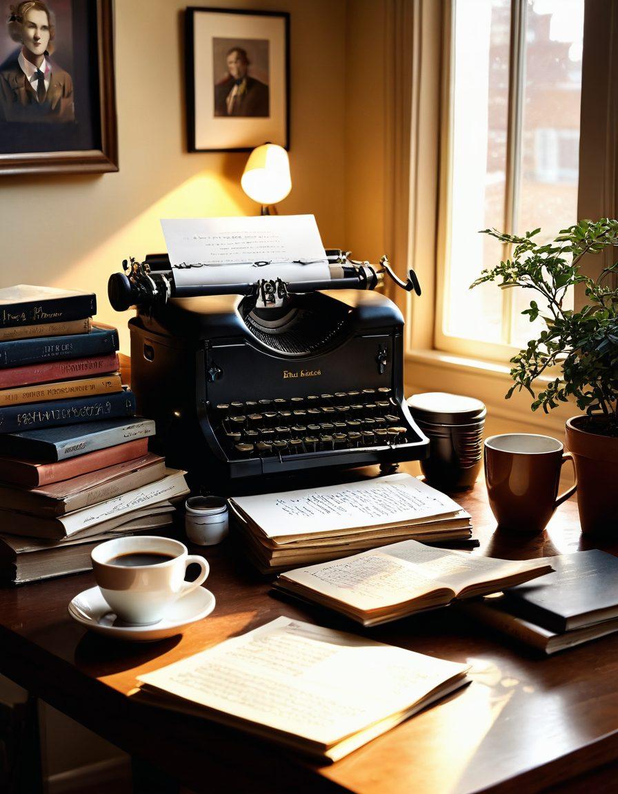 A cozy, inviting workspace filled with books, a vintage typewriter, and scattered pages of handwritten notes. A warm sunlight casts a golden glow over the scene, highlighting a steaming cup of coffee alongside a soft, open autobiography featuring Paul’s portrait. A backdrop of inspiring quotes is subtly displayed on the wall. The overall ambiance invites a sense of reflection and creativity. super-realistic. warm colors. soft lighting.