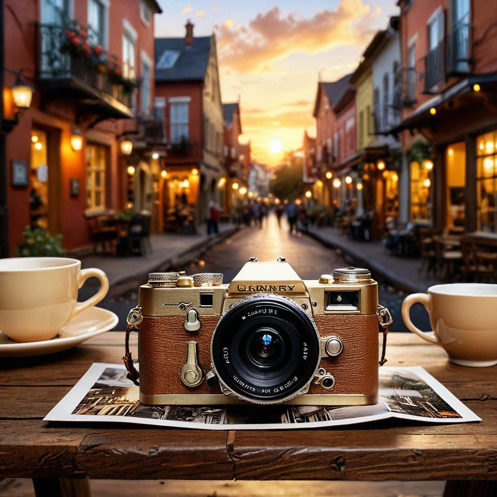 A whimsical composition featuring an open camera on a rustic wooden table, surrounded by scattered photographs capturing various life moments: a smiling child, a bustling city street, serene nature, and a cozy cafe. In the background, a warm sunset creates an inviting atmosphere, symbolizing discovery and adventure. Super-realistic. Warm tones. Soft focus.